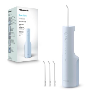 Irigator oral Panasonic seria 300 EW-DJ27-A303, irigator dentar, irigator oral wireless, 200 ml, IPX7, 4 duze standard, 5 niveluri de presiune a apei, accesorii de calatorie, albastru gheata