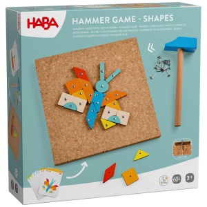 Joc de creatie HABA Geo-Forme - Set cu ciocan, 50 piese din lemn si 8 sabloane