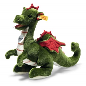 Jucarie Plush Rocky Drache Steiff 067198 - 32 cm, Verde cu Aripi Rosii