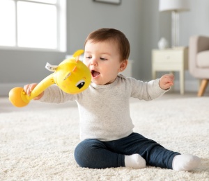 Jucarie senzoriala Lamaze Wacky Giraffe pentru bebelusi cu sunete amuzante si design sigur - Img 7