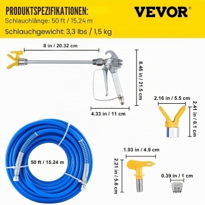 Kit Accesorii Pompa Vopsit Airless VEVOR, Furtun Inaltă Presiune 15m (3600 PSI), Pistol de Vopsit, Extensie 20cm, Duză 517 și Protecție Duză, Conexiune 1/4" - Img 6