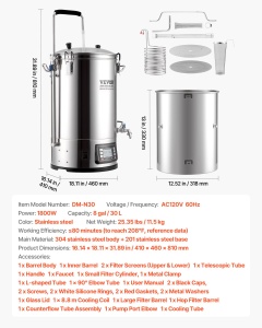 Kit de fabricare bere VEVOR N30, capacitate 30 L, putere 100-2500 W, din otel inoxidabil - Img 7
