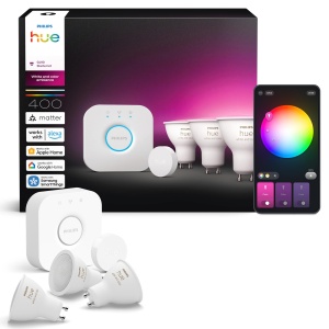 Kit de iluminat inteligent Philips Hue Starter Bridge 3 becuri LED GU10 buton smart, lumina alba si colorata, dimmabil