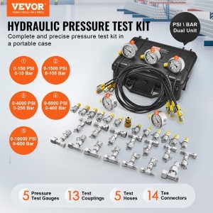 Kit Testare Presiune Hidraulica VEVOR TKS-4 5 Manometre 13 Cuplaje 14 Conectori T 5 Furtunuri Cutie Transport - Img 2
