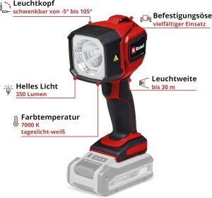 Lampa fara fir Einhell TC-CL 18/350 Li-Solo Power X-Change (18 V, 350 lm, 7000 K, distanta fascicul de 30 m, cap de lumina pivotant, lumina LED de inalta calitate, fara baterie) - Img 3