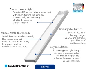Lampa LED Blaupunkt cu senzor de miscare, reincarcabila USB-C, 100 lumeni, 21 cm - Img 2