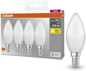 Lampa Osram Lamps LED Base Classic B, in forma de lumanare cu baza E14, nereglabila, Inlocuieste 5.5W = 40 Watt, mat, alb cald - 2700 Kelvin, 4 bucati (1 pachet)