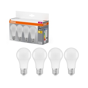 Lampa Osram LED Base Classic A, forma de piston cu baza E27, nereglabila, inlocuieste 60 wati, mat, alb cald - 2700 Kelvin, 4 bucati (1-Pack)