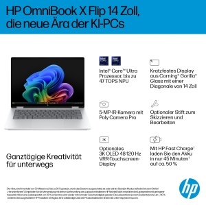Laptop 2in1 HP OmniBook X Flip NG AI 14-fm0275ng, 16GB RAM, 512GB SSD, Argintiu - Img 2