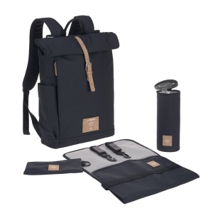 LASSIG Geanta de scutece, saltea de infasat, accesoriu pentru carucior, suport pentru sticle produs in mod durabil/GRE Rucsac Rolltop, albastru (albastru de noapte)