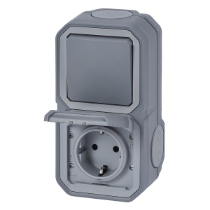LEGRAND, Plexo Nou comutator universal AP rezistent la umezeala (1 poli) si priza de contact cu impamantare (SL), incl. capac cu balamale, vert., IP44-IK07 (priza), IP55 - IK07 (intrerupator), culoare: gri, 069746L - Img 2