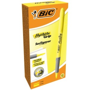 Marker text BIC Brite Liner Grip, 12 bucati, galben, cu grip ergonomic