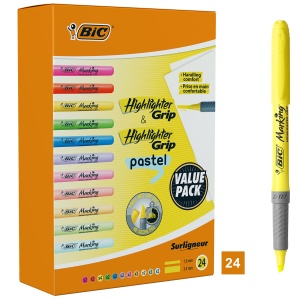 Marker Text Highlighter BIC Grip, 24 culori, inclusiv pastel, cu varf flexibil