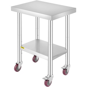 Masa de lucru VEVOR 61 x 46 x 86 cm, din otel inoxidabil, 200 kg capacitate, cu roti