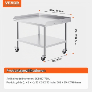 Masa de lucru VEVOR din inox, 76 x 91 x 76 cm, cu 4 roti si protectie stropi - Img 7