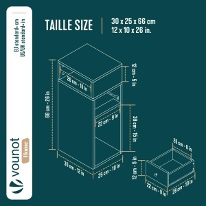 Masa de nopate VOUNOT, 2 sertare, 25x30x66cm, Alb - Img 3