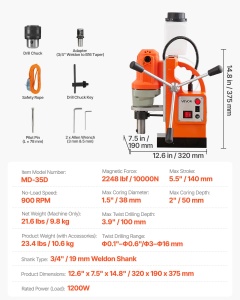 Masina de gaurit magnetica VEVOR MD-35D 1200W diametru maxim 38mm sistem de racire eficient - Img 7