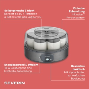 Masina de iaurt Severin JG 3510, 1L, 18W, inox negru, 7 borcane - Img 2