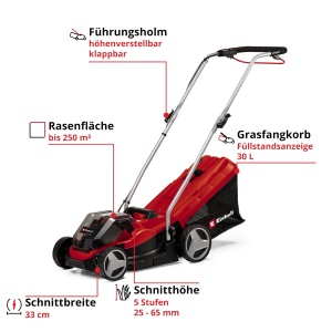 Masina de tuns iarba cu acumulator Einhell GE-CM 36/33 Li Kit Power X-Change (36 V, latime de taiere de 33 cm, pana la 250 m2, colector de iarba de 30 L, inaltime de taiere de 25-65 mm, inclusiv 2 baterii de 2,5 Ah + 2 incarcatoare) - Img 3