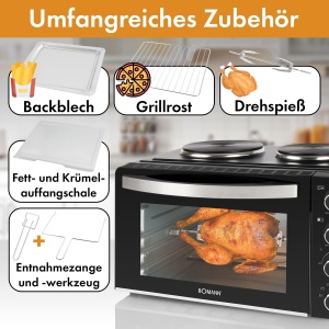 Mini cuptor Bomann(r) cu plite si rotisor | Gatit si coacere in acelasi timp | Mini cuptor 28L Caldura superioara/inferioara cu convectie 100deg-230degC | Mini cuptor electric 3100 wati incl. accesorii | KK 6059 CB - Img 5