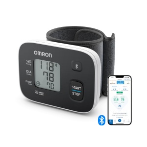 Monitor de tensiune arteriala pentru incheietura mainii OMRON RS3 Intelli IT, validat clinic, cu aplicatie gratuita pentru smartphone pentru iOS/Android, manseta de 13,5 - 21,5 cm, control al scaunului mansetei si 30 de locatii de memorie
