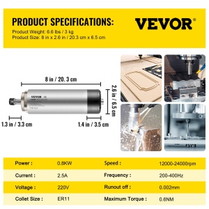 Motor CNC VEVOR 0,8 kW cu racire pe aer, 24000 Umin, ER11 - Img 7