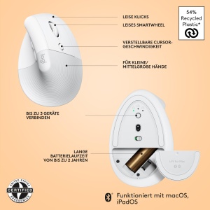 Mouse ergonomic vertical Logitech Lift pentru Mac, wireless, alb - Img 7