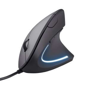 Mouse ergonomic vertical Trust Verto, Prevenirea bratului mouse-ului/cotului de tenis (Sindromul RSI), 1000/1600 DPI, Iluminare LED, Mouse PC cu cablu pentru dreptaci, Computer, Laptop, Mac - Negru
