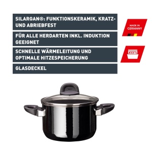 Oala Silit Modesto 20cm, capacitate 3.7l, cu capac din sticla, neagra - Img 2