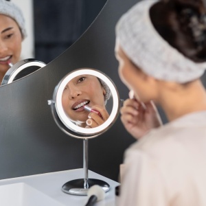 Oglinda cosmetica Medisana CM 844 cu marire, oglinda de masa cu iluminare, oglinda fara fir cu baterie, lumina LED continua si 2 suprafete de oglinda rotative fara si cu marire de 7x - Img 3