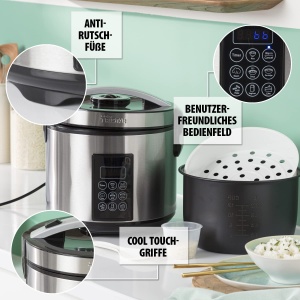 Orez si abur Tristar - Capacitate 2,2 L, functie de mentinere la cald 24 h, 7 programe, panou de control digital, cronometru, 11 cani de orez, fara BPA, K-6138, argintiu, RK-6138 - Img 4