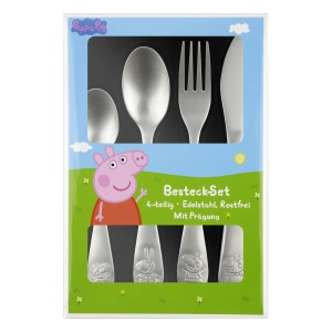 p:os Peppa Pig Tacamuri pentru copii, Set de tacamuri din 4 piese cu cutit, furculita, lingura de supa si lingura de desert, tacamuri cu embosare din otel inoxidabil, argintiu - Img 1