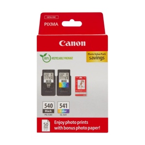 Pachet multiplu de cerneala si hartie Canon - PG-540/CL-541 Cartuse de cerneala originale pentru imprimanta Pachet de 2 (1 x negru, 1 x color) si hartie foto 4x6 (50 x coli) - Compatibil cu imprimantele PIXMA