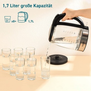 Pahar pentru ceainic COSORI 1,7 litri, LED albastru, fara BPA, 2200 wati, timp de gatit de 5 minute, protectie la supraincalzire, rotativ la 360deg, Ceainic din sticla borosilicata cu baza din otel inoxidabil si filtru - Img 4