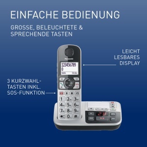 Panasonic KX-TGE520GS Telefon fara fir pentru seniori cu robot telefonic, statie si receptor, difuzor, afisaj LCD, compatibil cu aparate auditive, butoane vorbite, argintiu - Img 2