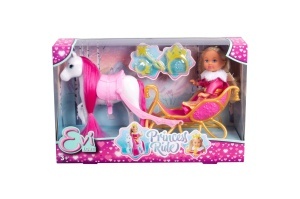 Papusa Evi Love Printesa cu Saniuta si Cal, 12cm, pentru copii peste 3 ani