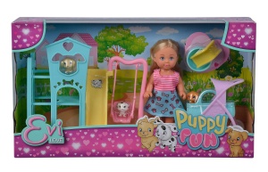 Papusa Simba Evi Love Puppy Fun cu 3 catelusi si loc de joaca 12cm