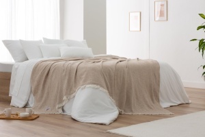 Patura Todocama Extra Moale din Bumbac Recycled Model cu Dungi Sandbeige 230x240 cm - Img 6