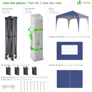 Pavilion pliabil VOUNOT 3x3m, impermeabil, cu 4 laterale si 4 saci cu nisip, albastru - Img 2