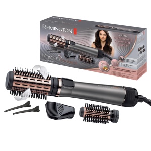 Perie cu aer cald rotativa [automata] Keratin Protect (inclusiv 3 atasamente: 2 perii rotunde + amplificator pentru mai mult volum) + agrafe de par, acoperire ceramica cu ulei de migdale, AS8811,Gri