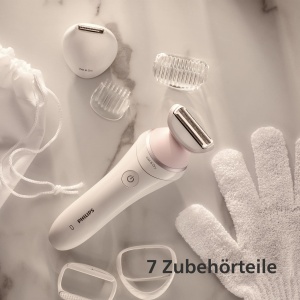 PHILIPS Lady Shaver Series 6000, aparat de ras cu acumulator cu 6 accesorii, manusa de exfoliere corporala, aparat de tuns pentru linia de bikini (model BRL146/00), alb/roz - Img 6