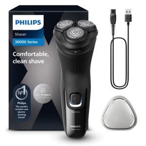 Philips Shaver Series 3000X - Aparat de ras electric umed si uscat pentru barbati in negru, cu tehnologie SkinProtect, aparat de tuns barba pliabil (model X3001/00)