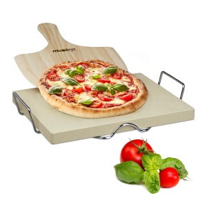 Piatra de copt Relaxdays 3 cm cu suport metalic si spatula din lemn, 38x30 cm