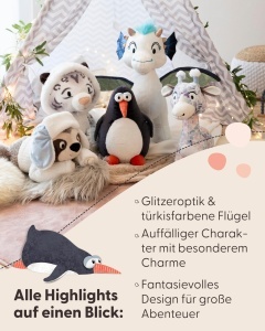 Plush Dragon NICI Zafura 20cm - alb - cu efect stralucitor si aripi albastre - Img 4
