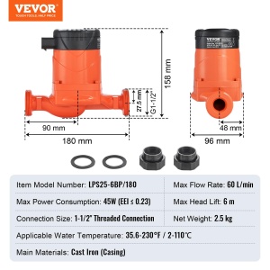 Pompa circulatie apa VEVOR LPS25-6BP-180, 45 W, 60 Lmin, 6 m inaltime pompare - Img 7