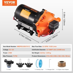 Pompa de apa VEVOR 12V, 18,93 Lmin, 5 camere, presiune ajustabila 40-100 PSI - Img 6