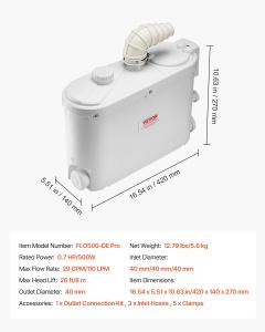 Pompa de apa VEVOR FLO500-DE Pro, 500W, 110 Lmin, 8 m inaltime, 4 intrari - Img 7
