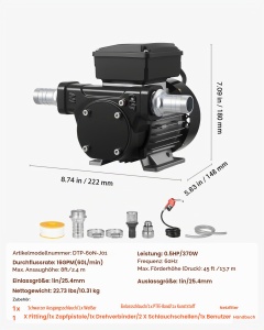 Pompa de transfer combustibil VEVOR DTP-60N-J02, 60 lmin, 0,5 CP, cu 2 furtunuri - Img 7
