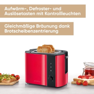 Prajitor de paine automat SEVERIN, aparat de prajit cu accesoriu pentru rola, otel inoxidabil de inalta calitate, pentru prajire, dezghetare si incalzire, 800 W, rosu foc metalizat / negru, AT 2217 - Img 2