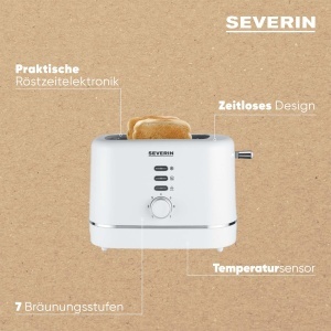 Prajitor de paine automat SEVERIN, pentru 2 felii, atasament pentru role din otel inoxidabil, functie de incalzire si dezghetare, grad reglabil de rumenire, oprire automata, 850 W, alb, AT 4324 - Img 4